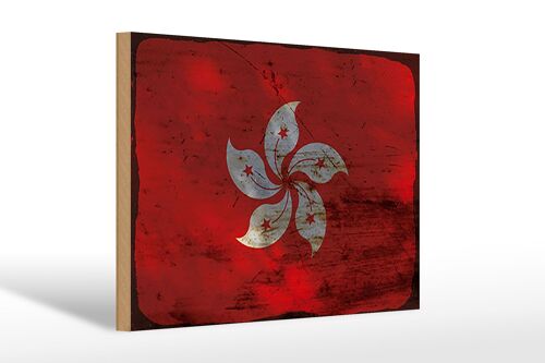 Holzschild Flagge Hongkong 30x20cm Flag Hong Kong Rost