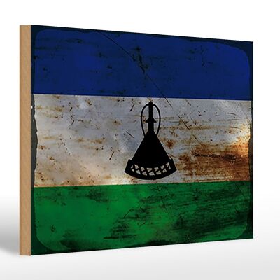 Panneau en bois drapeau Lesotho 30x20cm Drapeau du Lesotho rouille