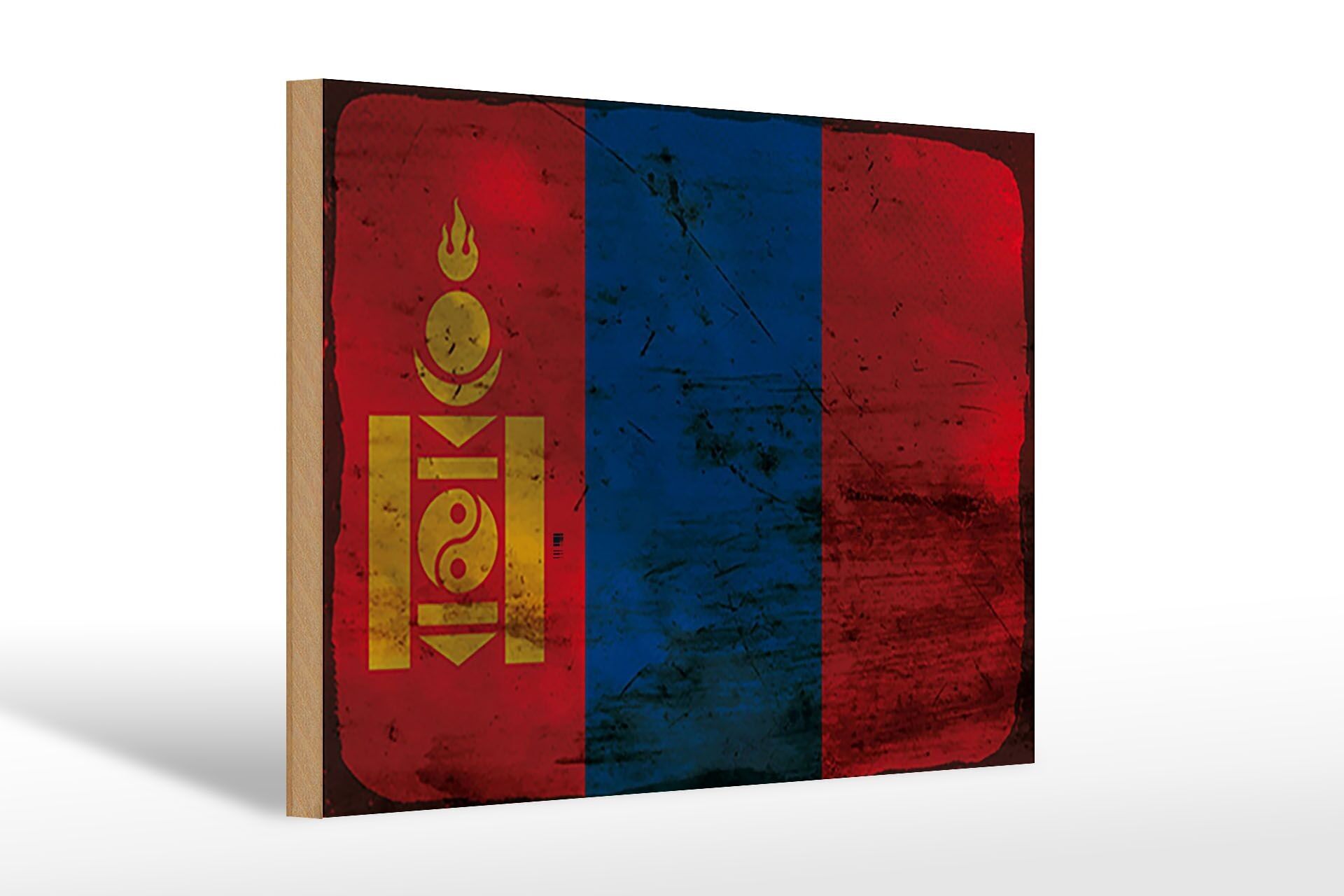 Holzschild Flagge Mongolei 30x20cm Flag of Mongolia Rost