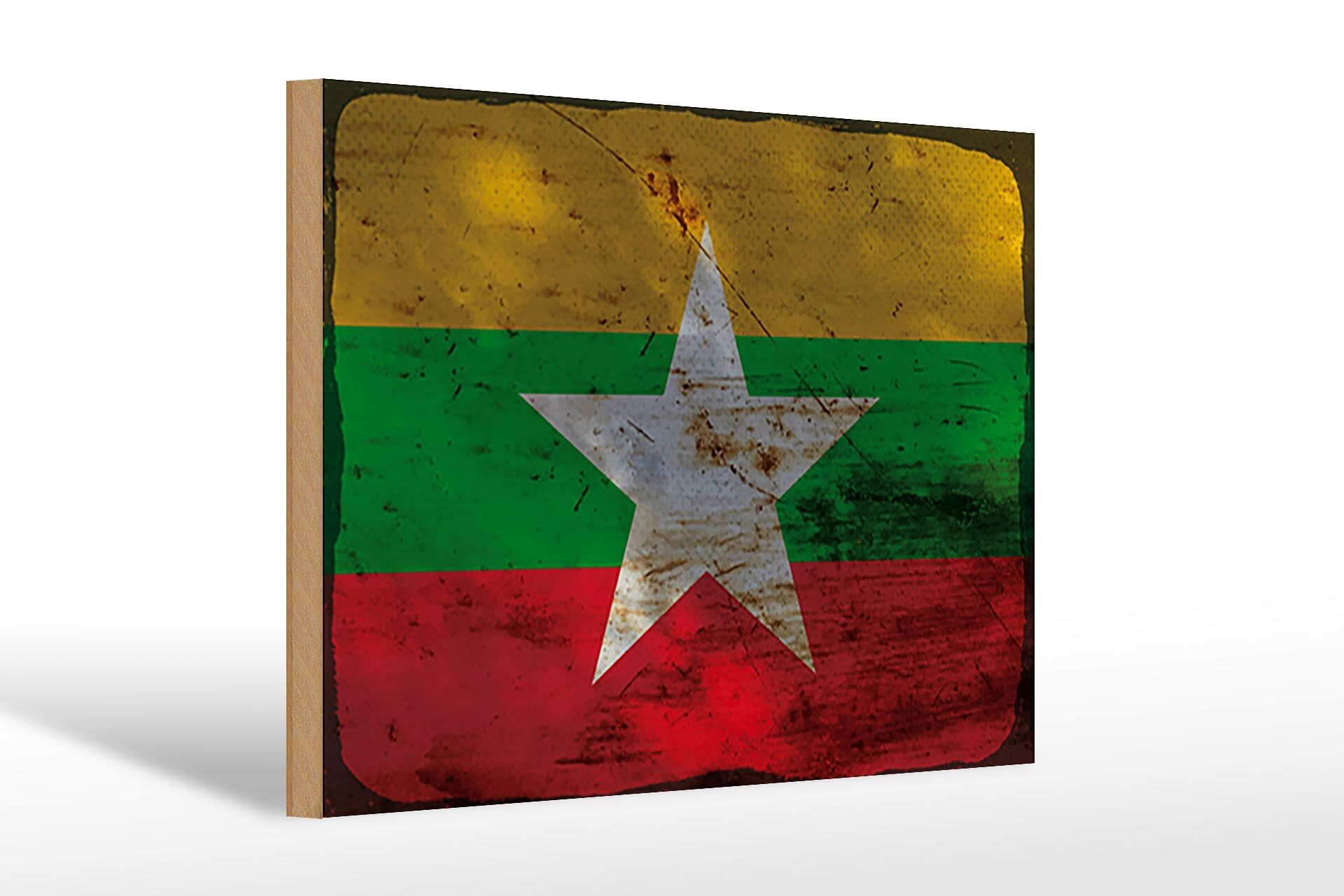 Letrero de madera bandera Myanmar 30x20cm Bandera de Myanmar óxido