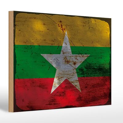 Panneau en bois drapeau Myanmar 30x20cm Drapeau du Myanmar rouille