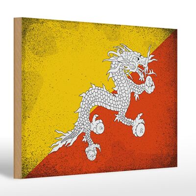 Holzschild Flagge Bhutan 30x20cm Flag of Bhutan Vintage