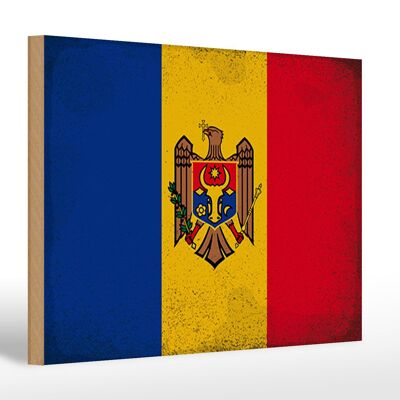 Holzschild Flagge Moldau 30x20cm Flag of Moldova Vintage