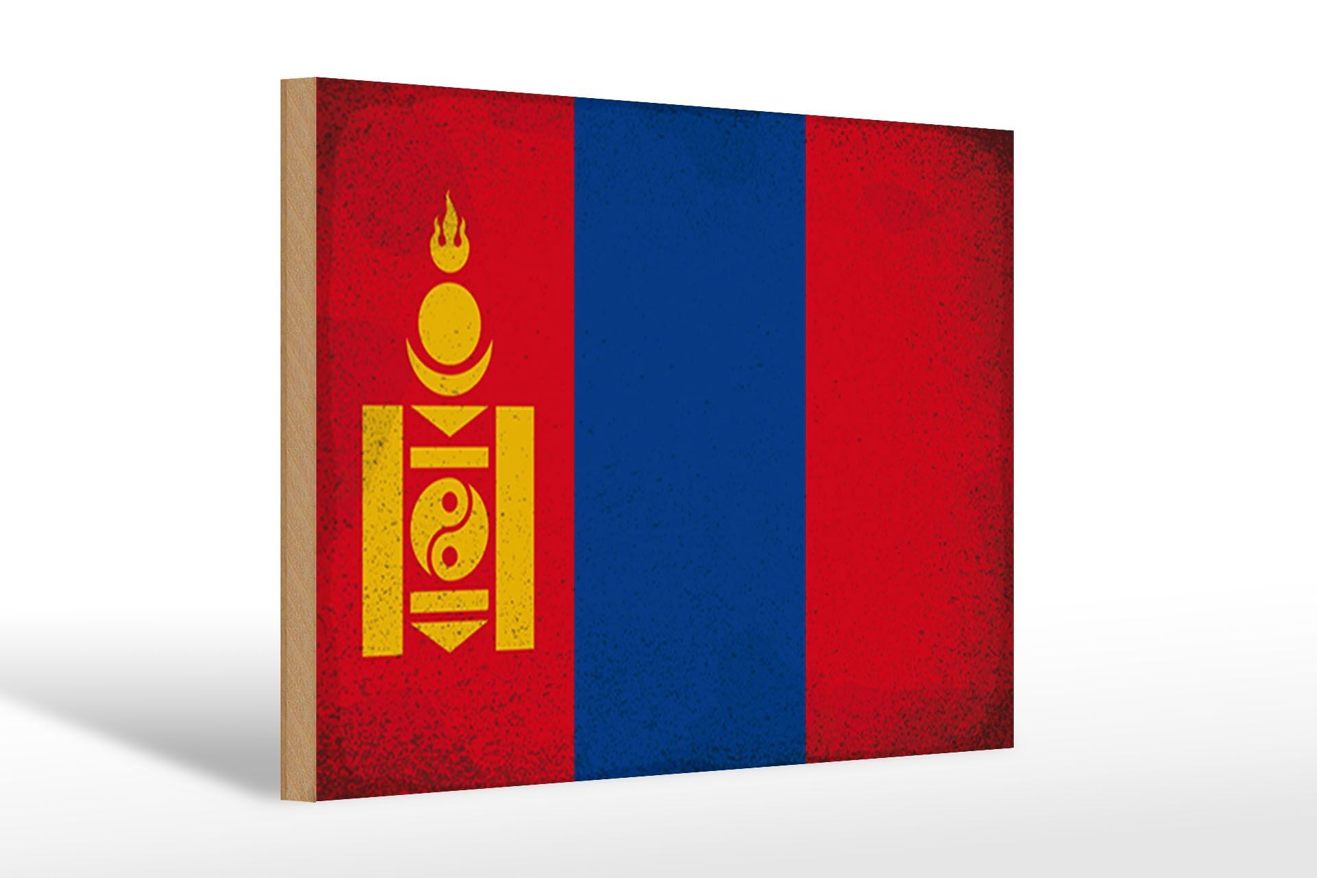 Holzschild Flagge Mongolei 30x20cm Flag Mongolia Vintage