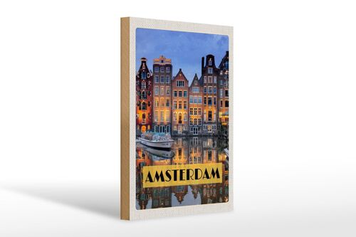 Holzschild Reise 20x30cm Amsterdam bei Nacht Reiseziel