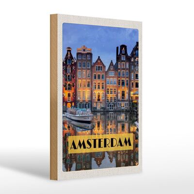 Holzschild Reise 20x30cm Amsterdam bei Nacht Reiseziel