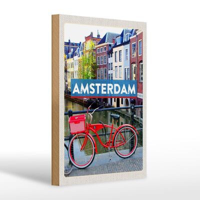 Cartello in legno da viaggio 20x30 cm Amsterdam destinazione di viaggio bicicletta