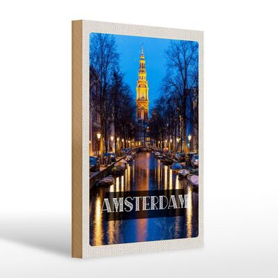 Cartel de madera viaje 20x30cm Retro Amsterdam Munt Tower Night