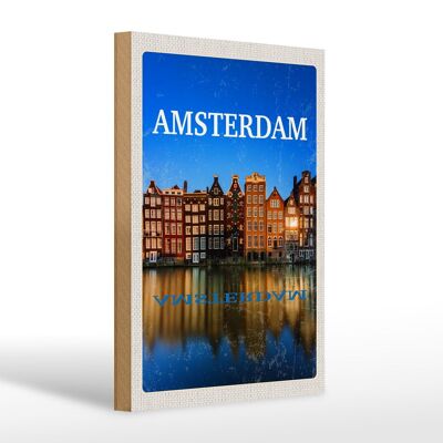 Cartel de madera viaje 20x30cm retro Ámsterdam destino de viaje vacaciones