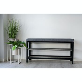 Banc Padova - Banc en gris et noir avec coussin et deux étagères 8