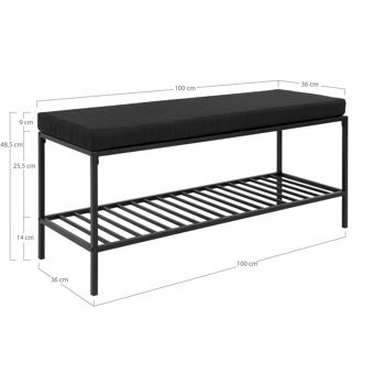 Banc Vita - Banc avec cadre noir et 1 étagère et coussin noirs 5