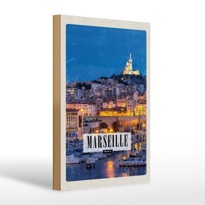 Cartello in legno da viaggio 20x30 cm Marsiglia Francia panorama notturno