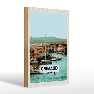 Cartel de madera viaje 20x30cm Grimaud Francia regalo vacaciones mar