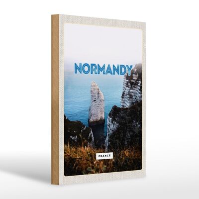 Cartel de madera viaje 20x30cm Normandía Francia mar de rocas blancas
