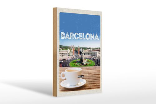 Holzschild Reise 20x30cm Barcelona Spain Panorama Bild Kaffee
