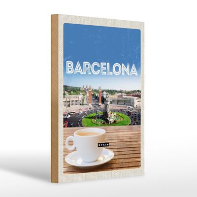 Cartel de madera viaje 20x30cm Barcelona España cuadro panorámico café