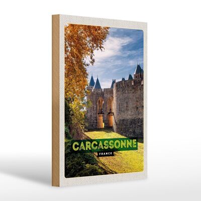 Cartel de madera viaje 20x30cm Carcassonne Francia destino de viaje vacaciones