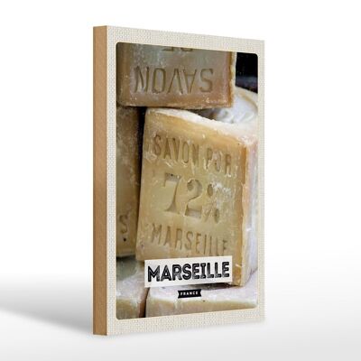 Cartel de madera viaje 20x30cm Marsella Francia Savon puro 72%