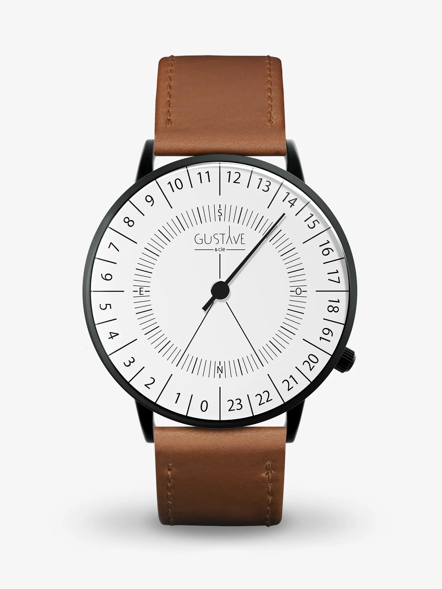 Antoine 24H Uhr, weiß – braunes, genähtes Lederarmband