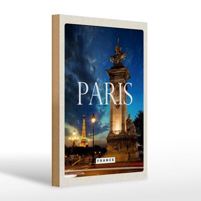 Panneau en bois voyage 20x30cm Paris France Tour Eiffel Nuit Rétro