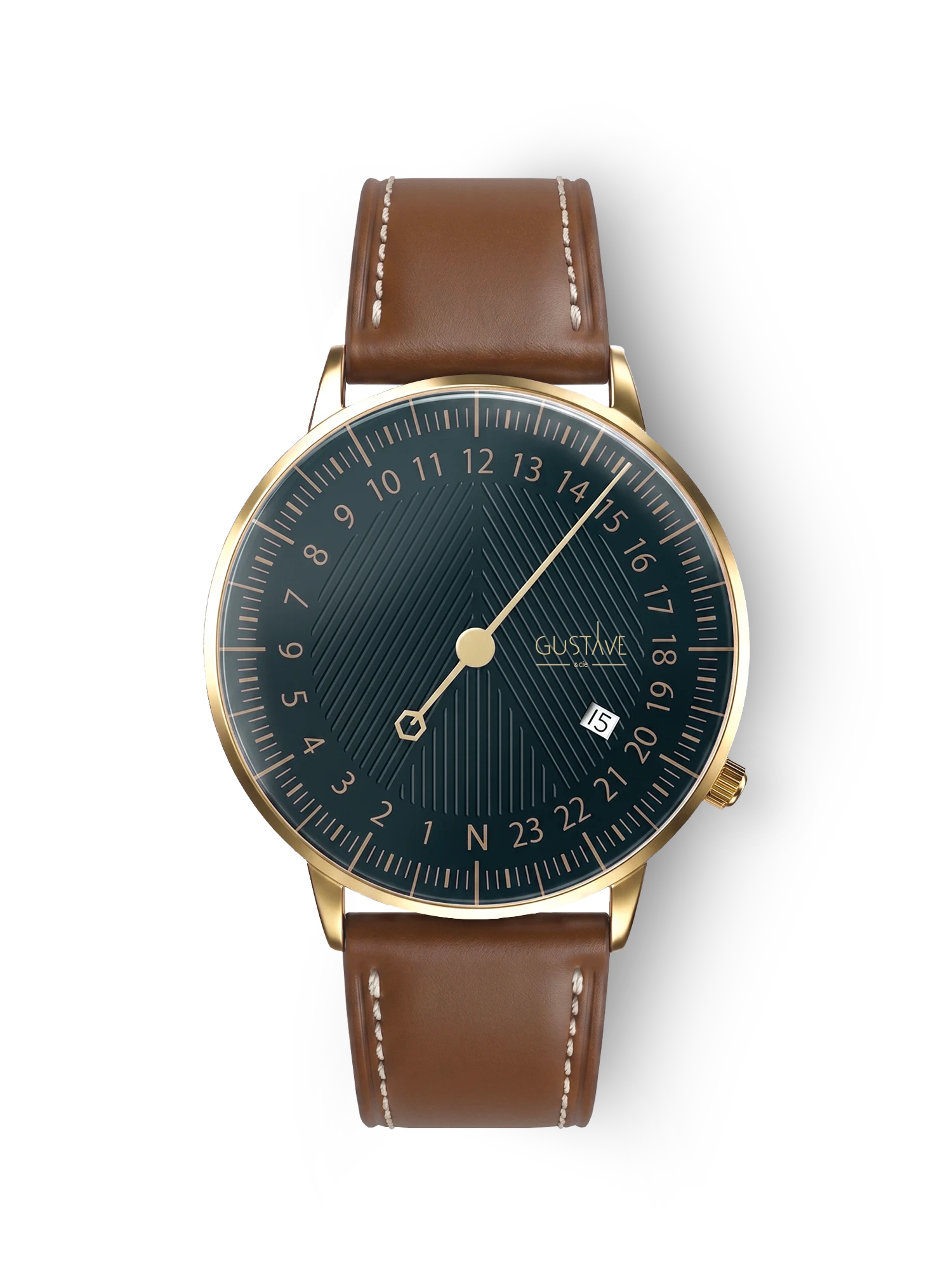 André 24H Gold & Green Uhr - 40 mm braunes genähtes Lederarmband
