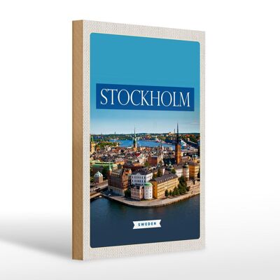 Panneau en bois voyage 20x30cm Stockholm Suède cité médiévale