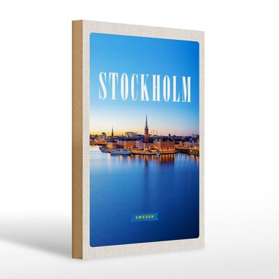 Panneau en bois voyage 20x30cm Stockholm Suède voyage en ville en mer