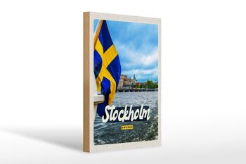 Panneau en bois voyage 20x30cm Stockholm Suède porte bateau mer 1