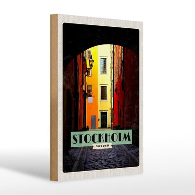 Wooden sign travel 20x30cm Stockholm Sweden alley travel