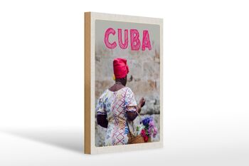 Panneau en bois voyage 20x30cm Cuba Caraïbes femme panier avec fleurs 1