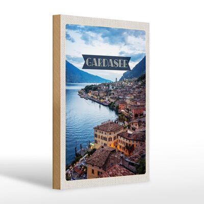 Cartel de madera viaje 20x30cm Lago de Garda Italia vista ciudad lago