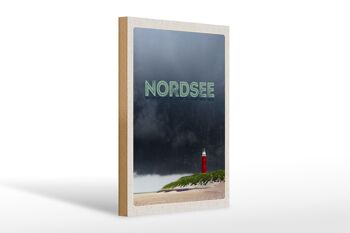 Panneau en bois voyage 20x30cm phare de la mer du Nord orage 1