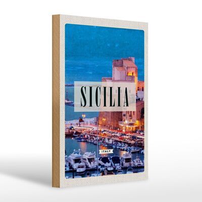 Cartel de madera viaje 20x30cm Sicilia vista nocturna barco orilla