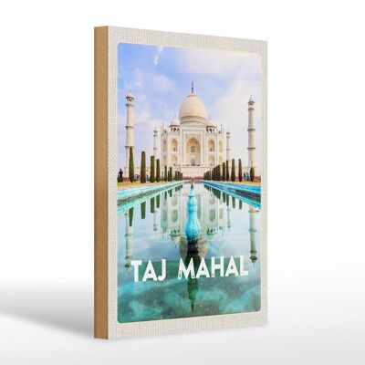 Panneau en bois voyage 20x30cm Inde devant jardin Taj Mahal