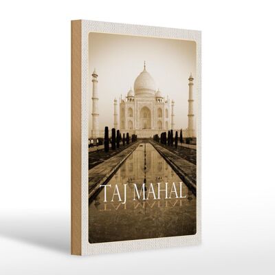 Cartel de madera viaje 20x30cm India negro blanco Taj Mahal