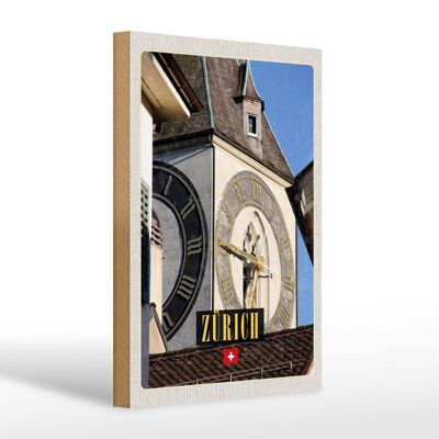 Cartello in legno da viaggio 20x30 cm Orologio della chiesa di Zurigo architettura dorata