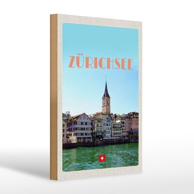 Cartel de madera viaje 20x30cm Zurich Suiza vista lago ciudad