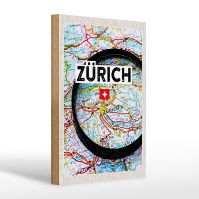 Cartel de madera viaje 20x30cm Zurich Suiza mapa lupa ciudad