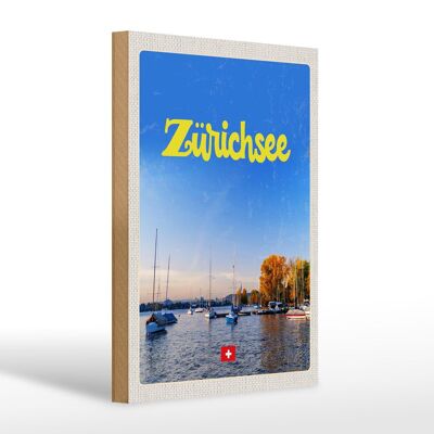 Cartel de madera viaje 20x30cm Lago de Zúrich naturaleza barcos paseo en barco
