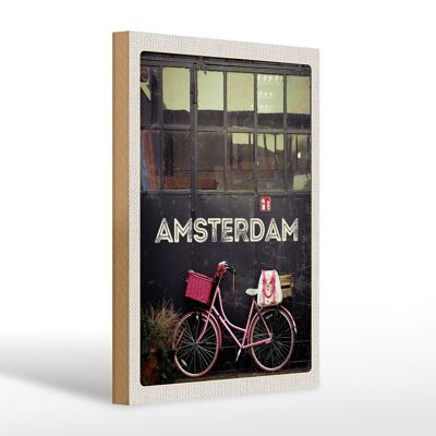 Cartel de madera viaje 20x30cm Amsterdam ciudad bicicleta naturaleza a pie