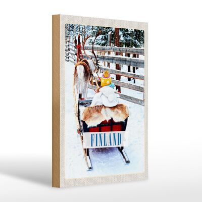 Cartel de madera viaje 20x30cm Finlandia nieve ciervo trineo
