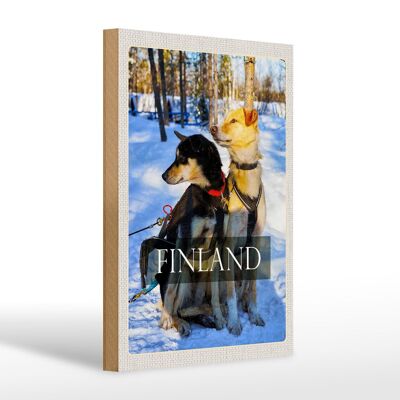 Cartel de madera viaje 20x30cm Finlandia nieve invierno bosque perros