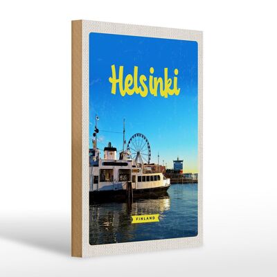 Cartel de madera viaje 20x30cm Helsinki Finlandia barco Noria