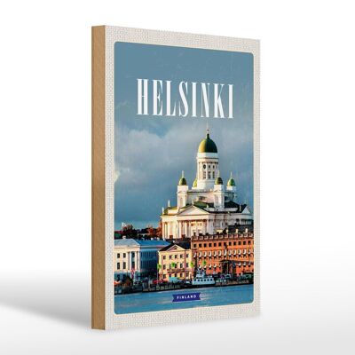 Cartel de madera viaje 20x30cm Helsinki Finlandia iglesia de la ciudad del mar