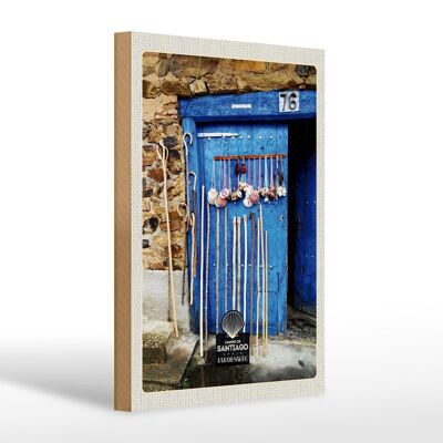 Cartel de madera viaje 20x30cm España conchas puerta azul bastón