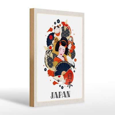 Cartel de madera viaje 20x30cm Japón mujer gato pez arte cultura