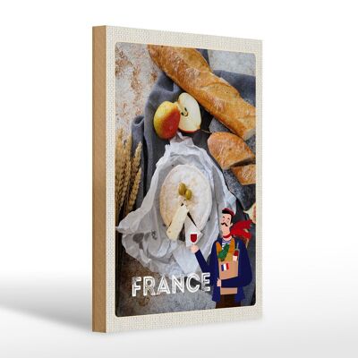 Cartel de madera viaje 20x30cm Francia baguette queso pera oliva