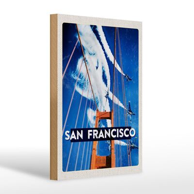 Holzschild Reise 20x30cm San Francisco Brücke Flugzeug Himmel