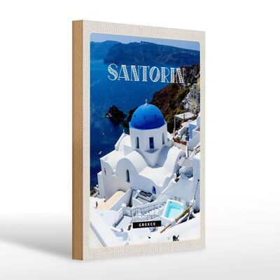 Cartello da viaggio in legno 20x30 cm Santorini Grecia edificio bianco blu