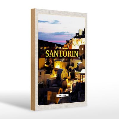 Cartello in legno da viaggio 20x30 cm Santorini vista serale sulla città